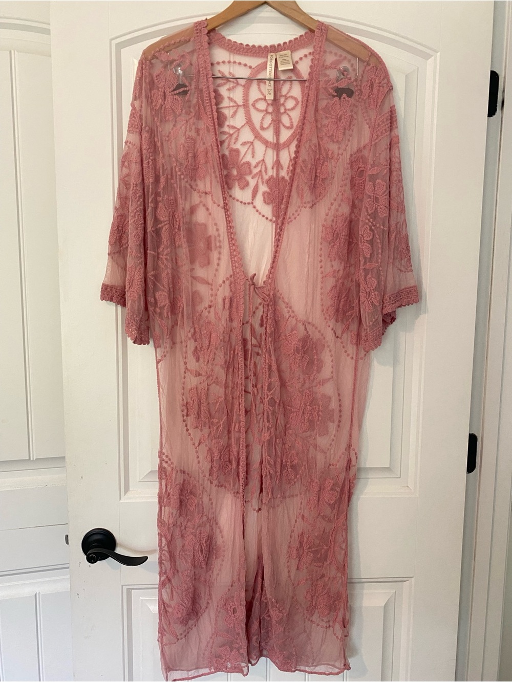 Sheer Floral Lace Kimono Robe in Dusty Rose Lightweight Tie-Front size S/M
